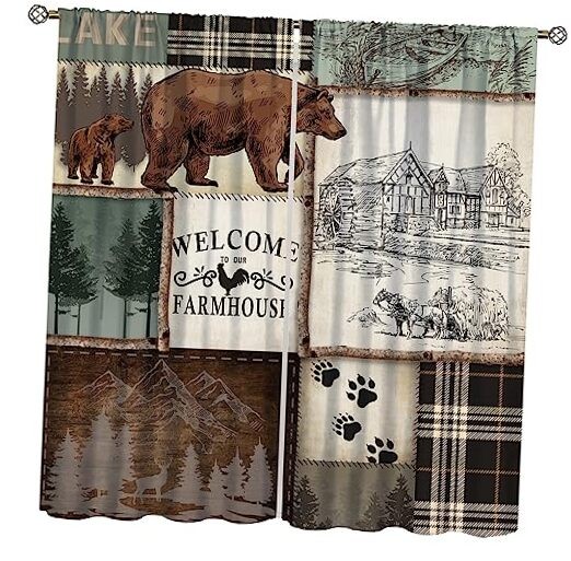 Farmhouse Bear Deer Curtains, Rustic 20.5″W x 45″L (Pack of 2) Retro Style-1