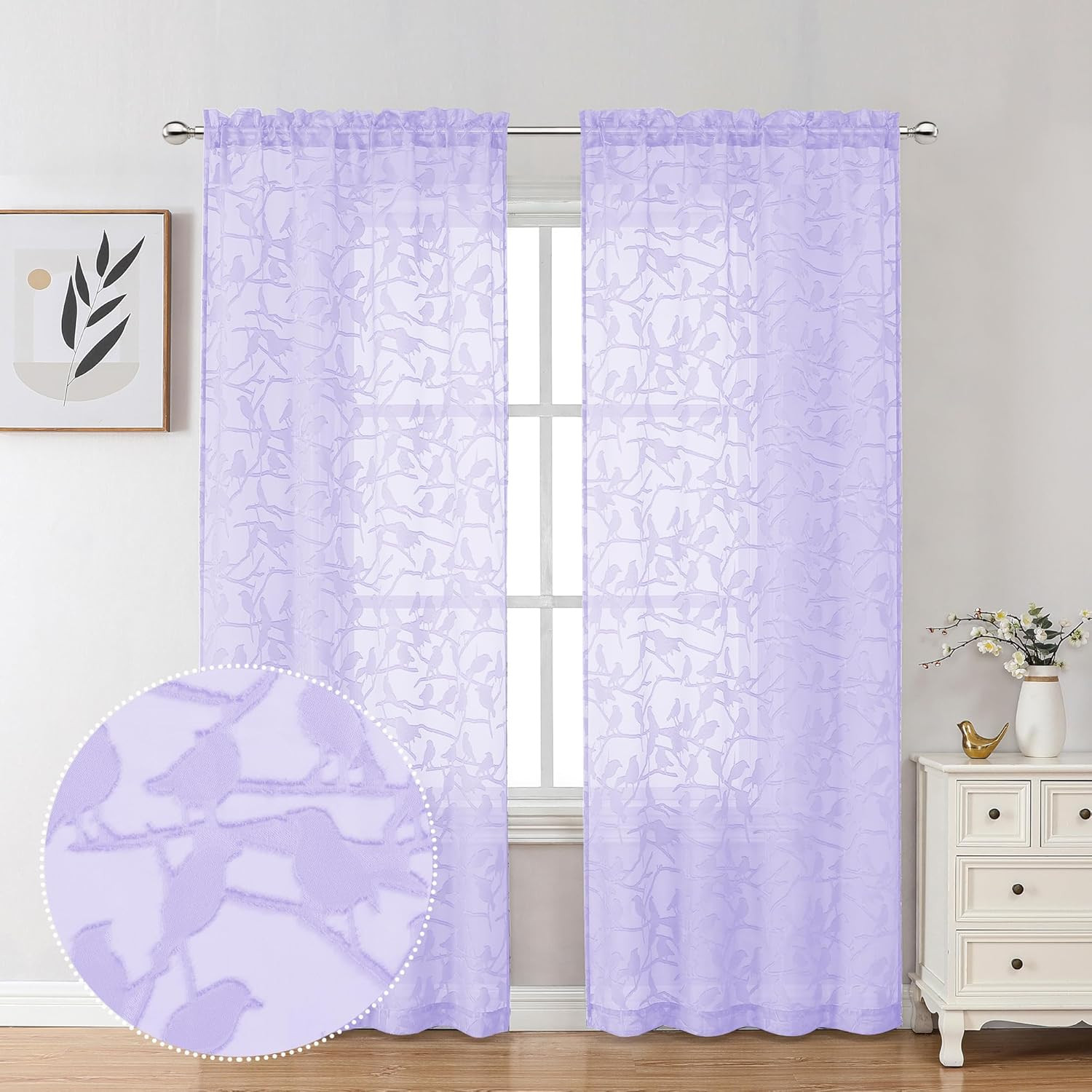 Anji Birds Sheer Curtains 2 Panels for Living Room 96 Inch Long Farmhouse Rustic