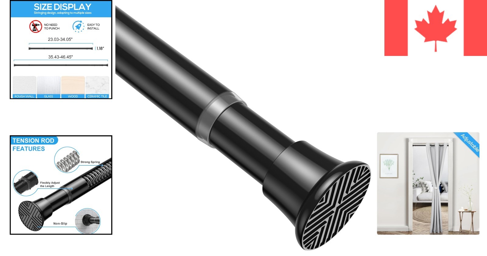 Rust-Resistant Spring Loaded Tension Curtain Rod 23-46in with Wall Protection