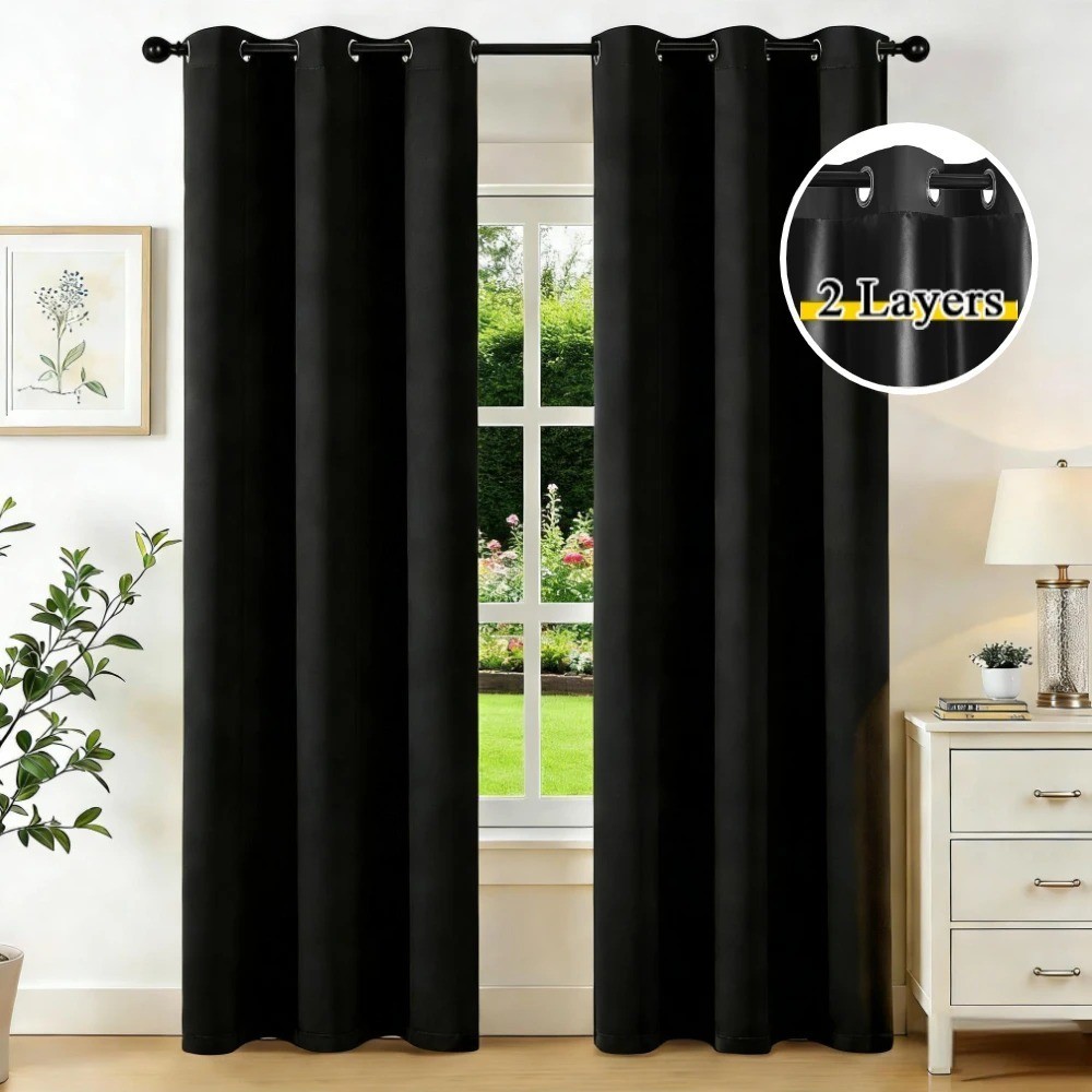 Pair of Blackout Curtains Eyelet Ring Top Ready Made Thick Thermal Curtain Set