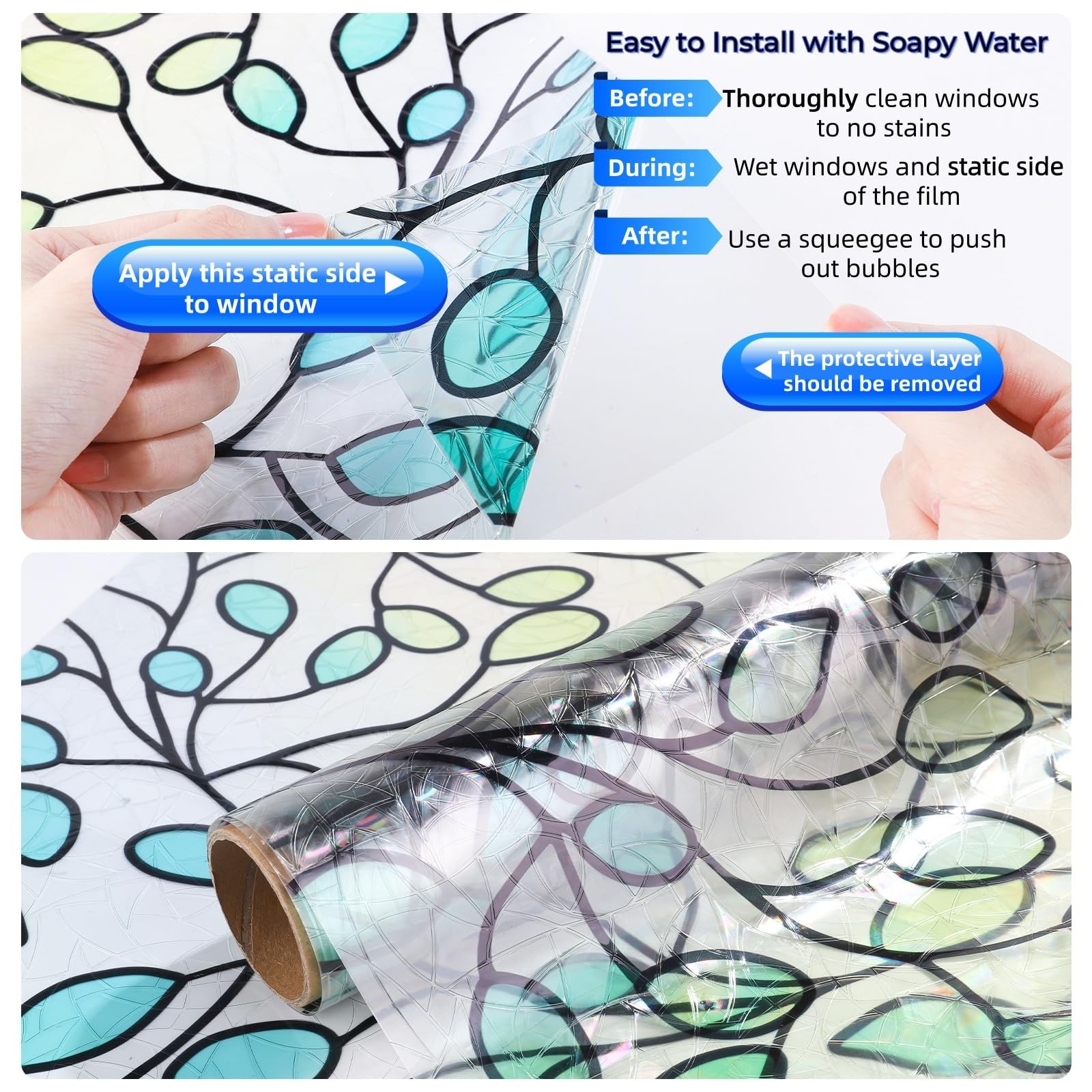 Privacy Window Film with UV Protection & Heat Insulation, Static Cling Sun Bl…