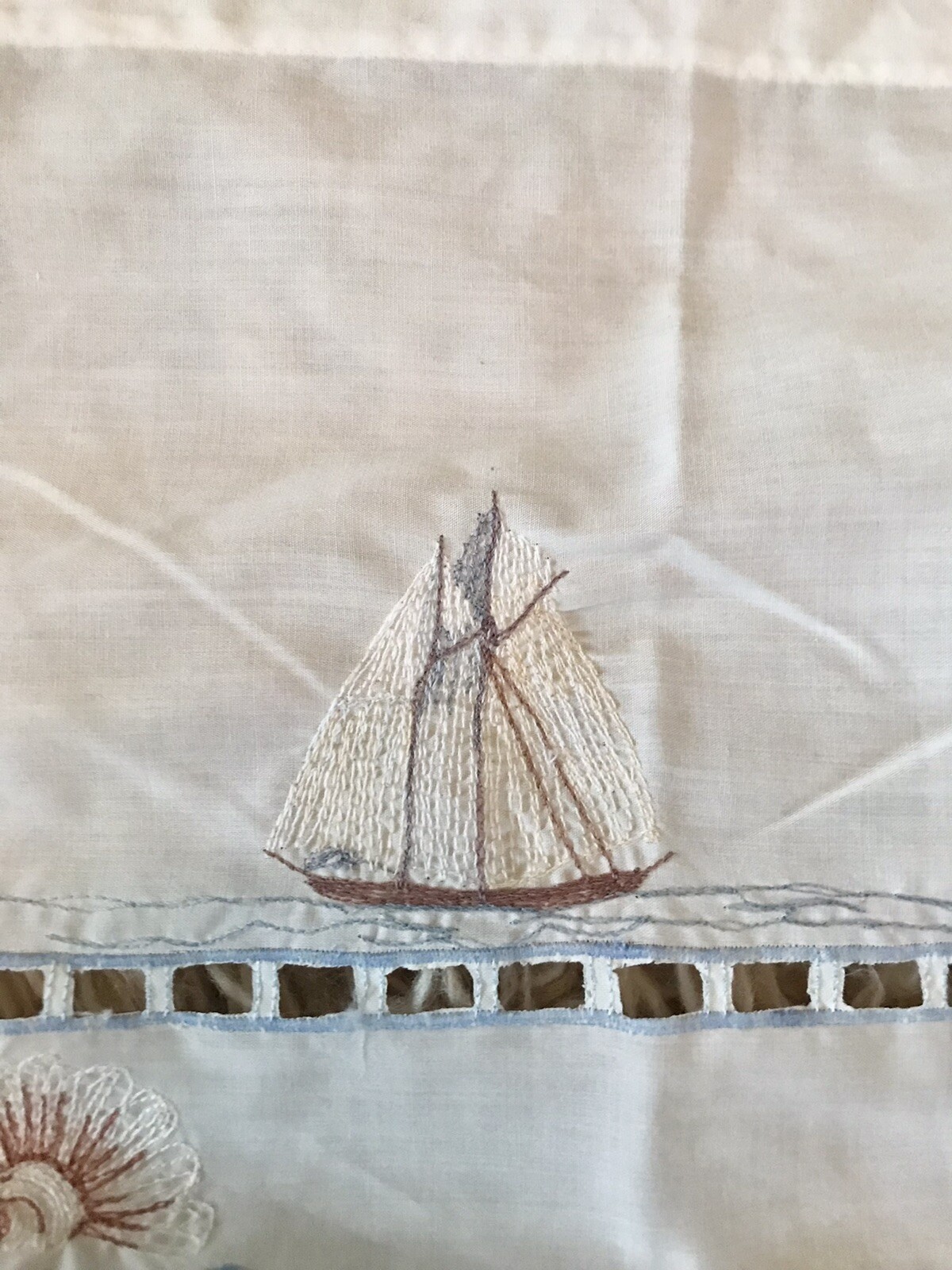 Lighthouse Nautical Valance white /blue embroidered 12”x 58” Seashore Scallop