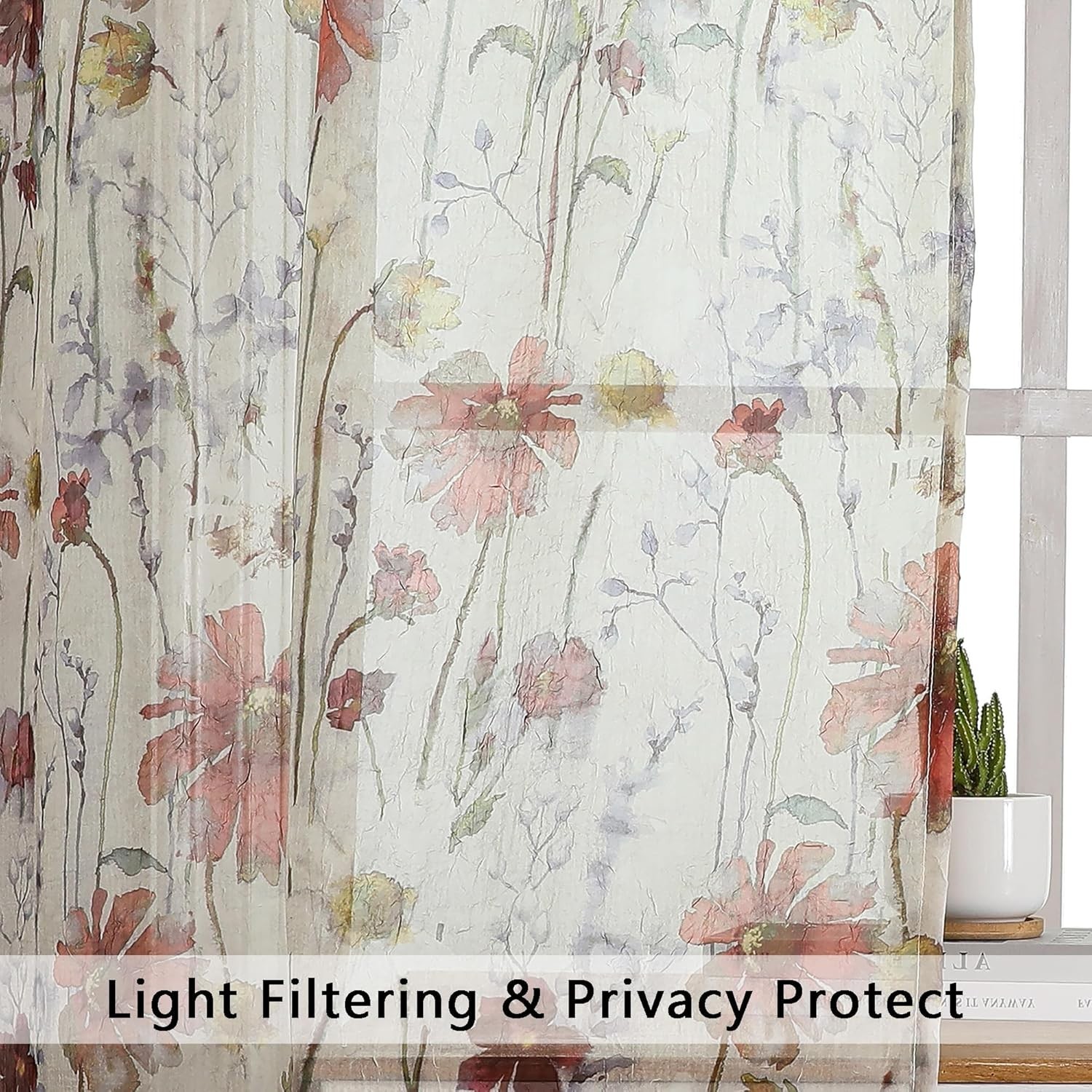 Crushed Sheer Curtains 84 Inch Length 2 Panels Set Sheer Floral Curtains Printed
