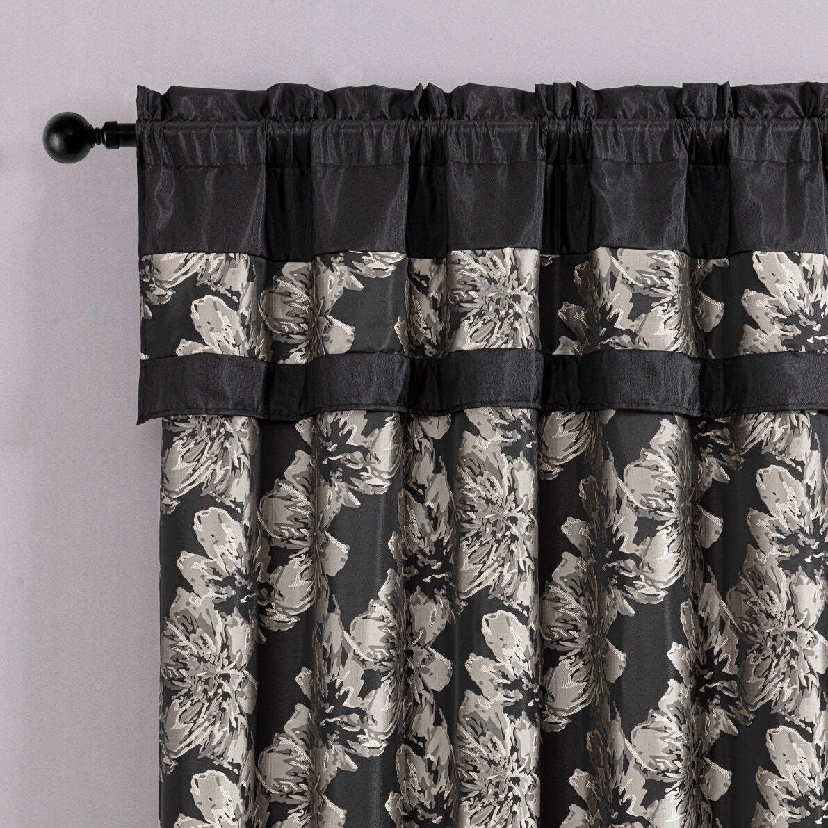 Chezmoi Collection Kelsey 4-Piece Black Gold Jacquard Woven Hibiscus Curtain Set