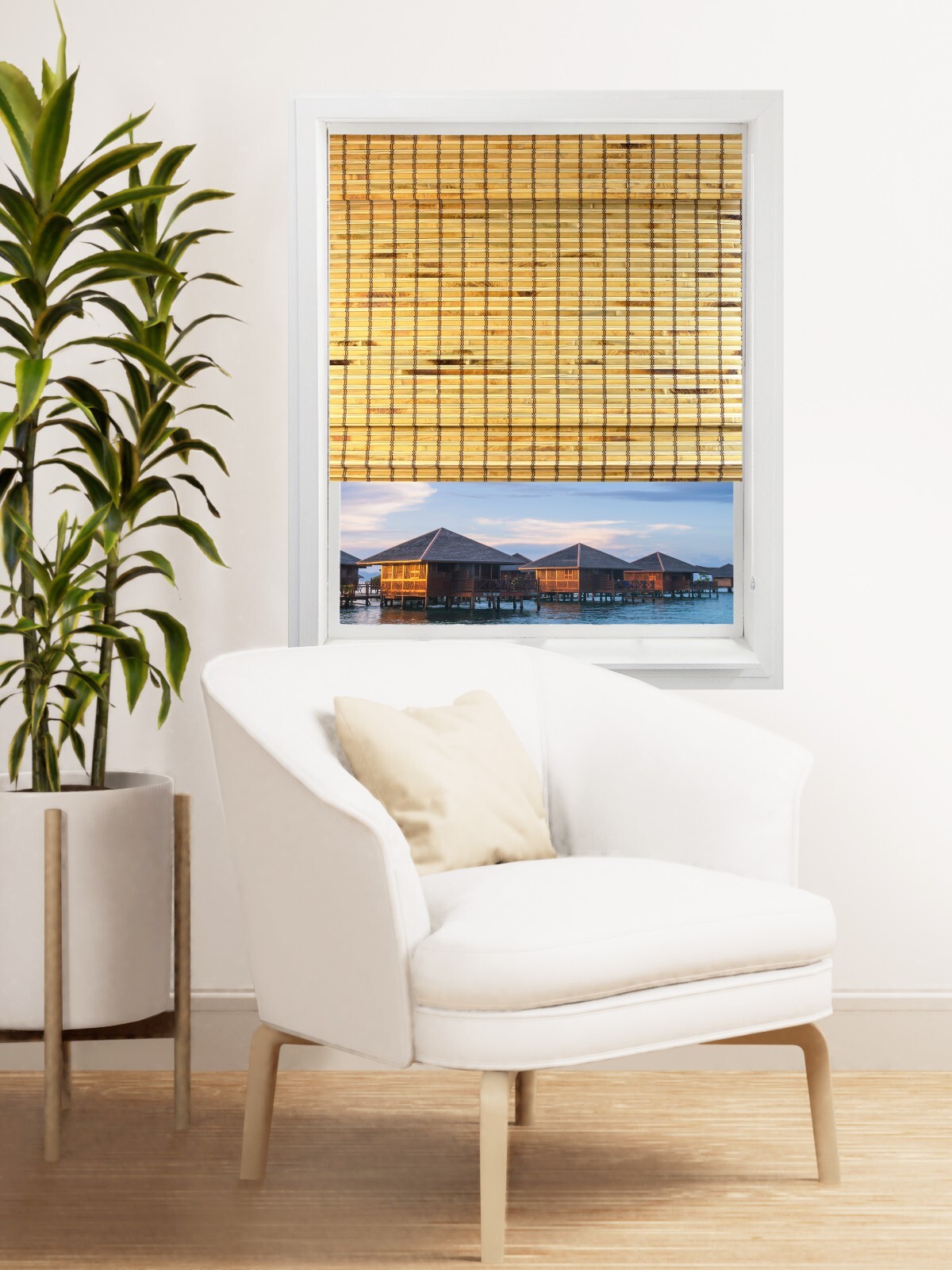 Cordless Light Filtering Bamboo Roman Window Blind Sun Shade with Valence -Khaki