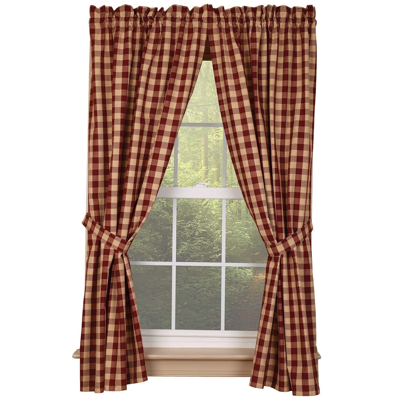 63″ Burgundy Check Window Curtain Panels Pair, 72″ x 63″, Burgundy Cream Checked