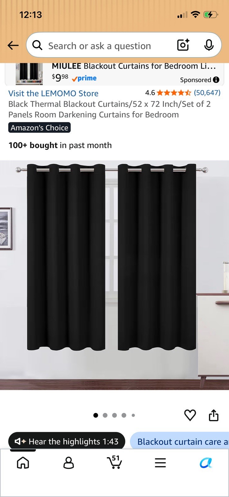 Blackout Curtains 52 x 72 inches Long Black Curtains Set of 2 Panels Thermal