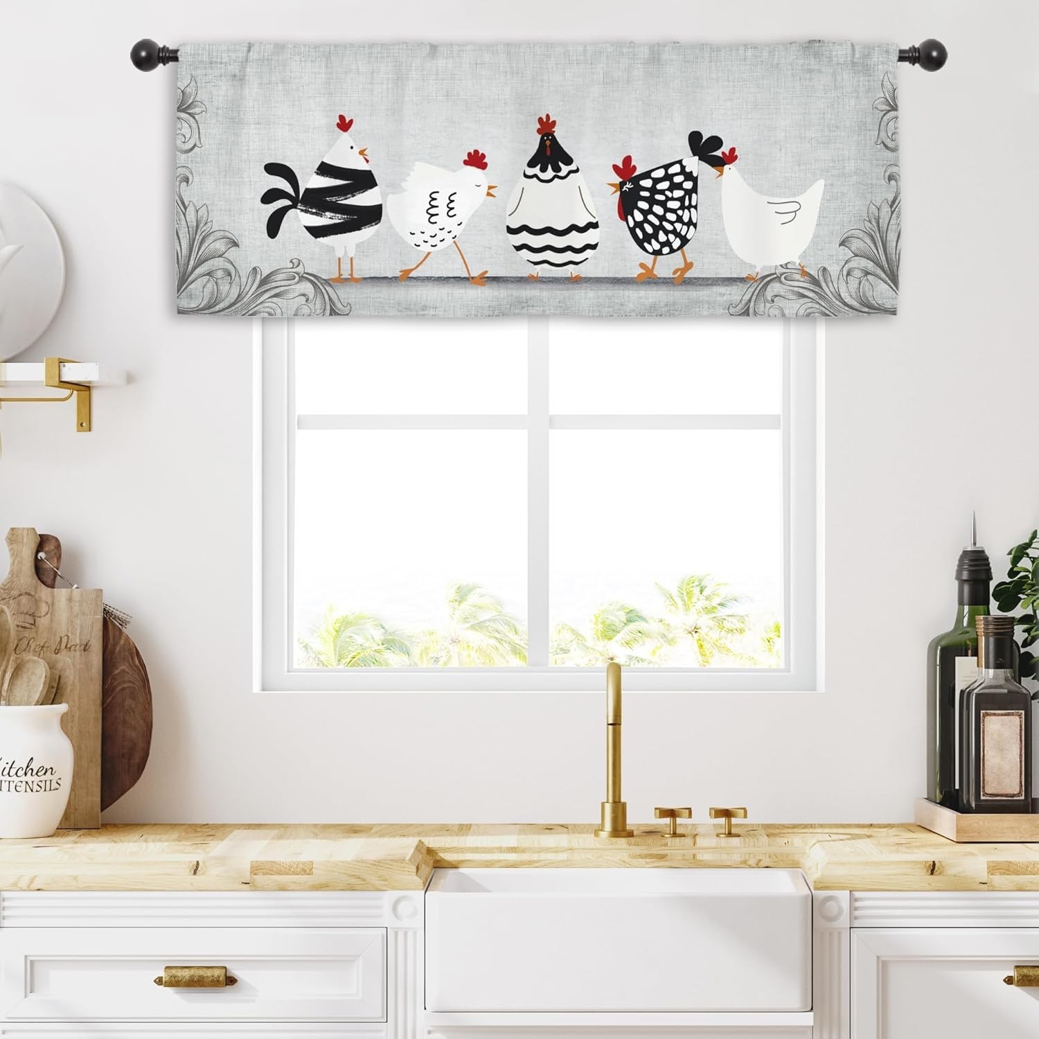Farmhouse Kitchen Curtain Valance Fabric 54×18 Rooster Vintage Rustic Decor