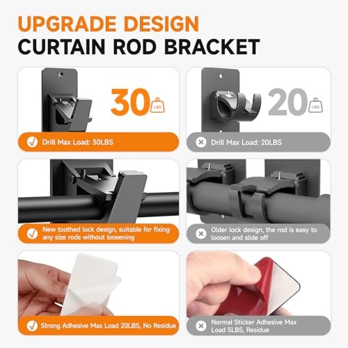 Universal Curtain Rod Holders, No Drill Curtain Rod Brackets, Self 4 Black