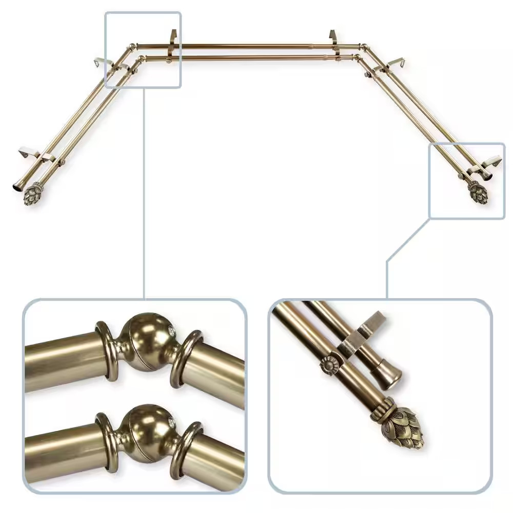 Bud 13/16 In. Bay Window Double Curtain Rod in Antique Brass