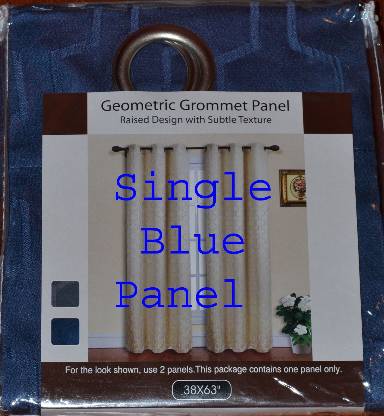 Window Curtain~Single Panel~Geometric Blue~Grommet~38″ x 63″~NEW