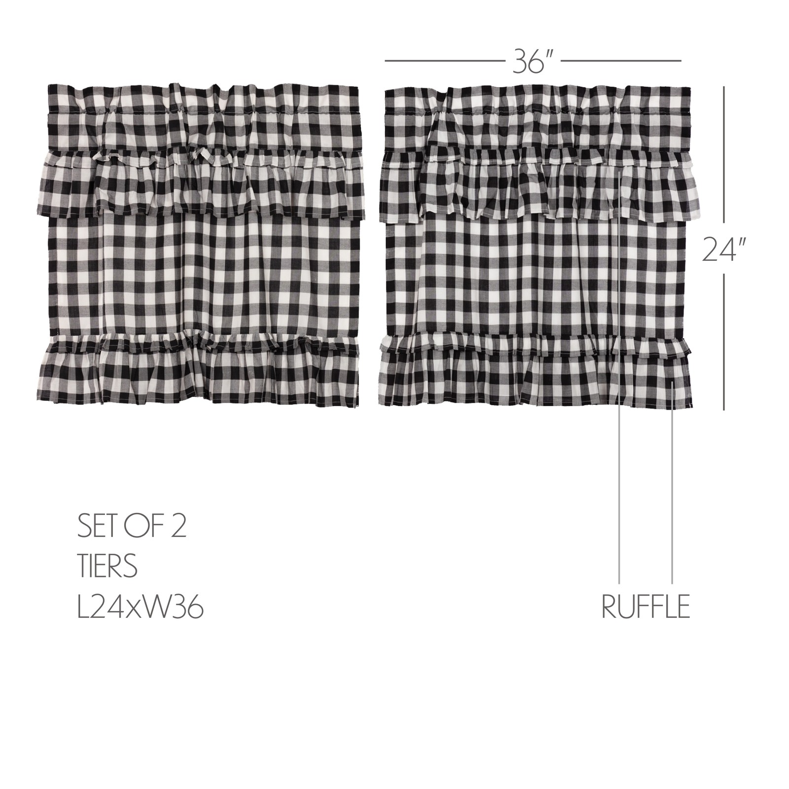 Farmhouse 24″x36″ Tier Pair Black Rod Pocket Kitchen Window Curtains VHC Brands