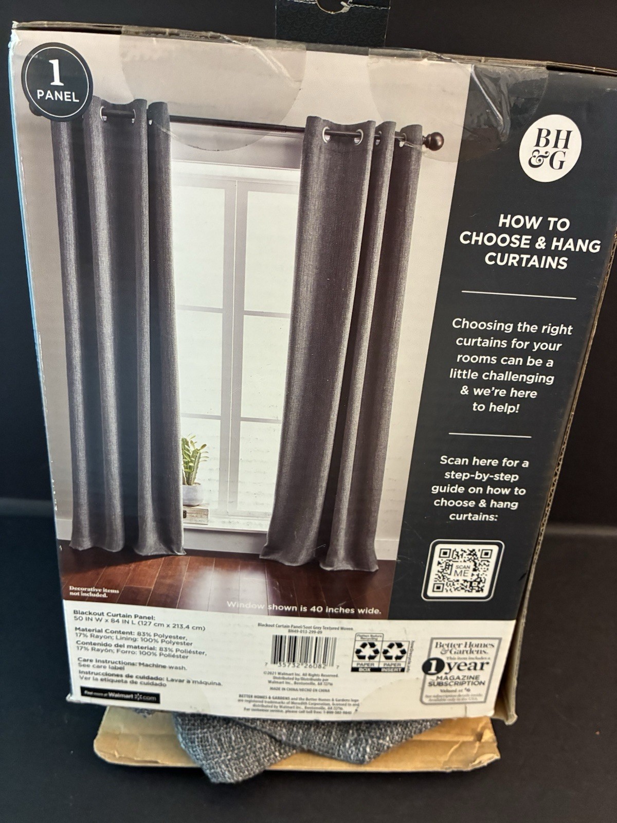 Better Homes & Gardens Woven Grommet Blackout Curtain Panel, Black 50″ W x 84″ L