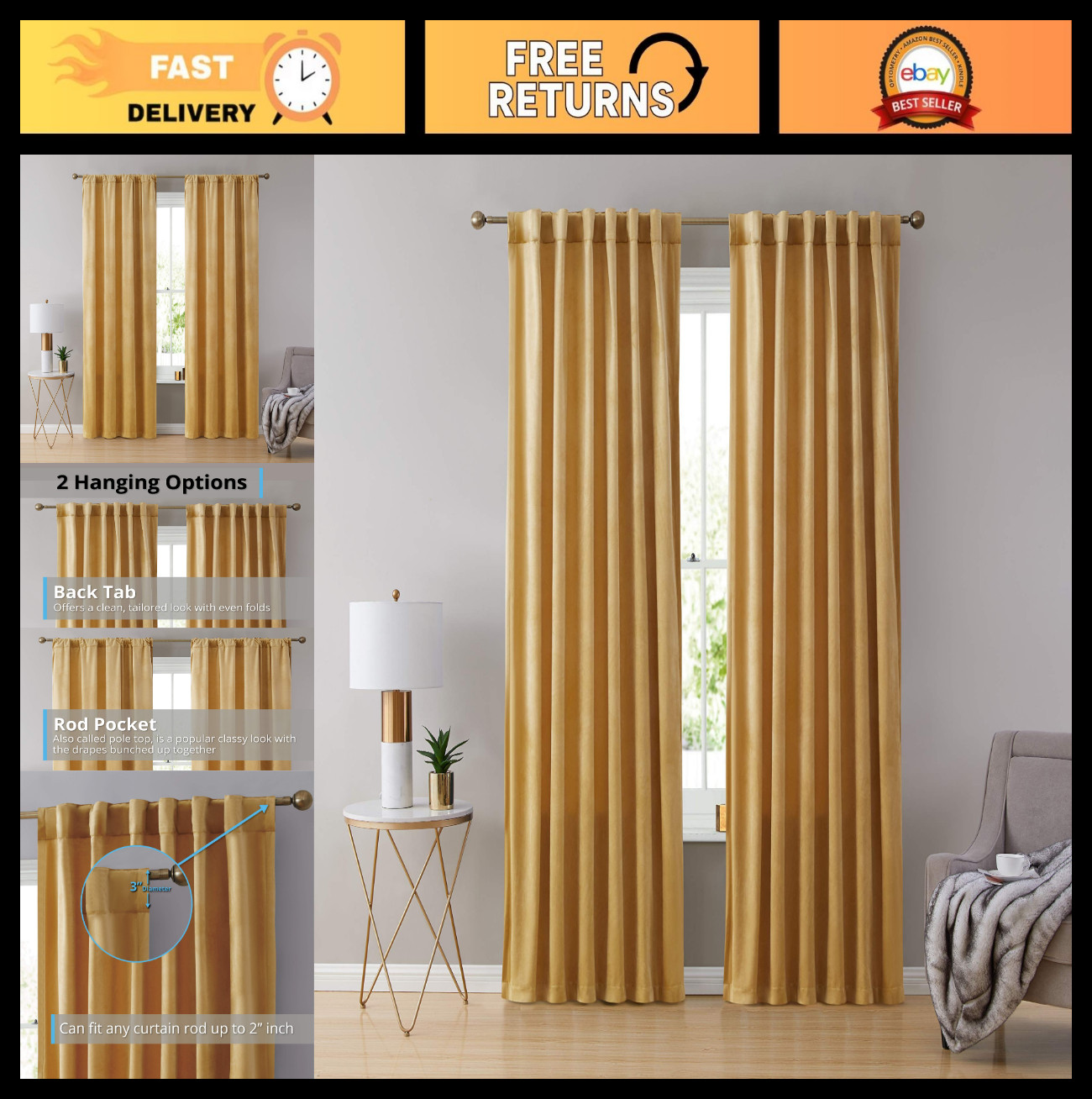 Premium Velvet Drapes – Back Tab Rod Pocket Curtains for Bedroom & Living Room –