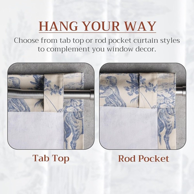 100% Cotton Toile Curtains Light Filtering Rod Pocket Home Living Decor New