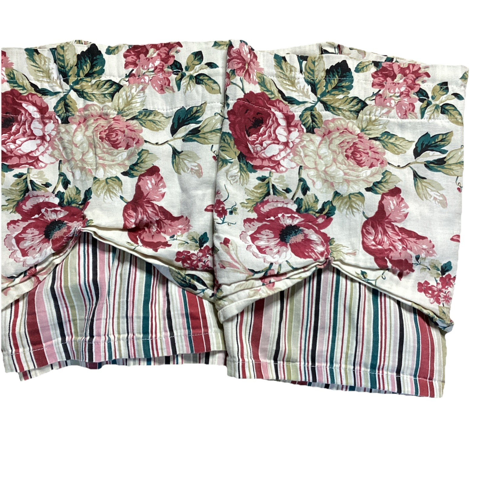 Vintage Window (2) Valences Floral Striped Pink Green Country Cabbage Rose 54”