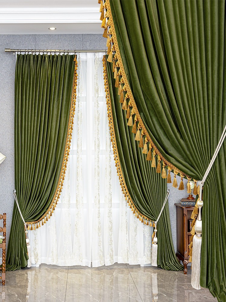 Custom retro American green flannel bedroom velvet cloth curtain tulle M1843