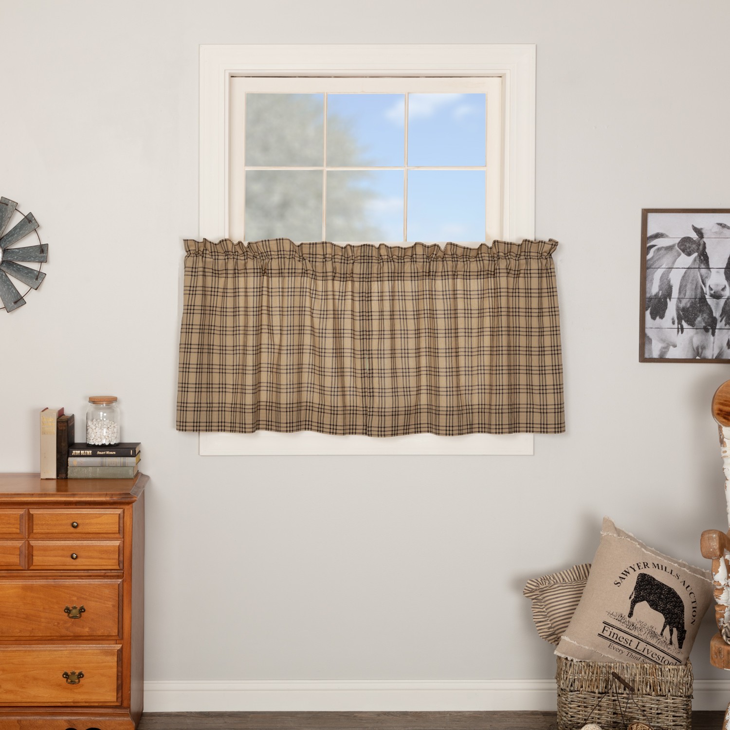 Farmhouse 24″x36″ Plaid Tier Pair Tan Rod Kitchen Window Curtains VHC Brands
