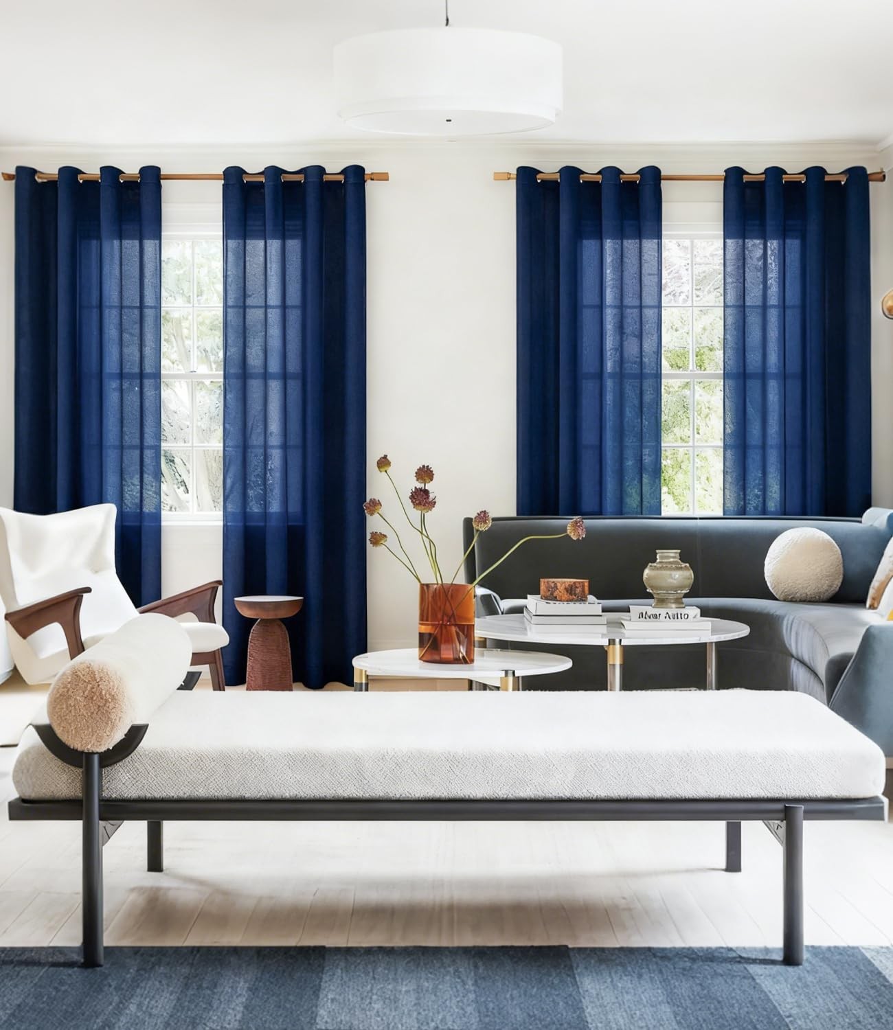 2 pieces curtains with eyelets, navy blue 132x210cm curtains, modern transparent…
