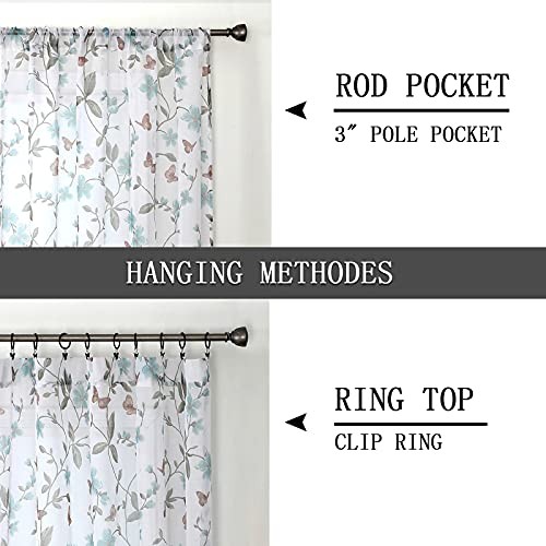 Tollpiz Sheer Floral Curtains – Butterfly 54″W x 45″L – Set of 2 – Blue