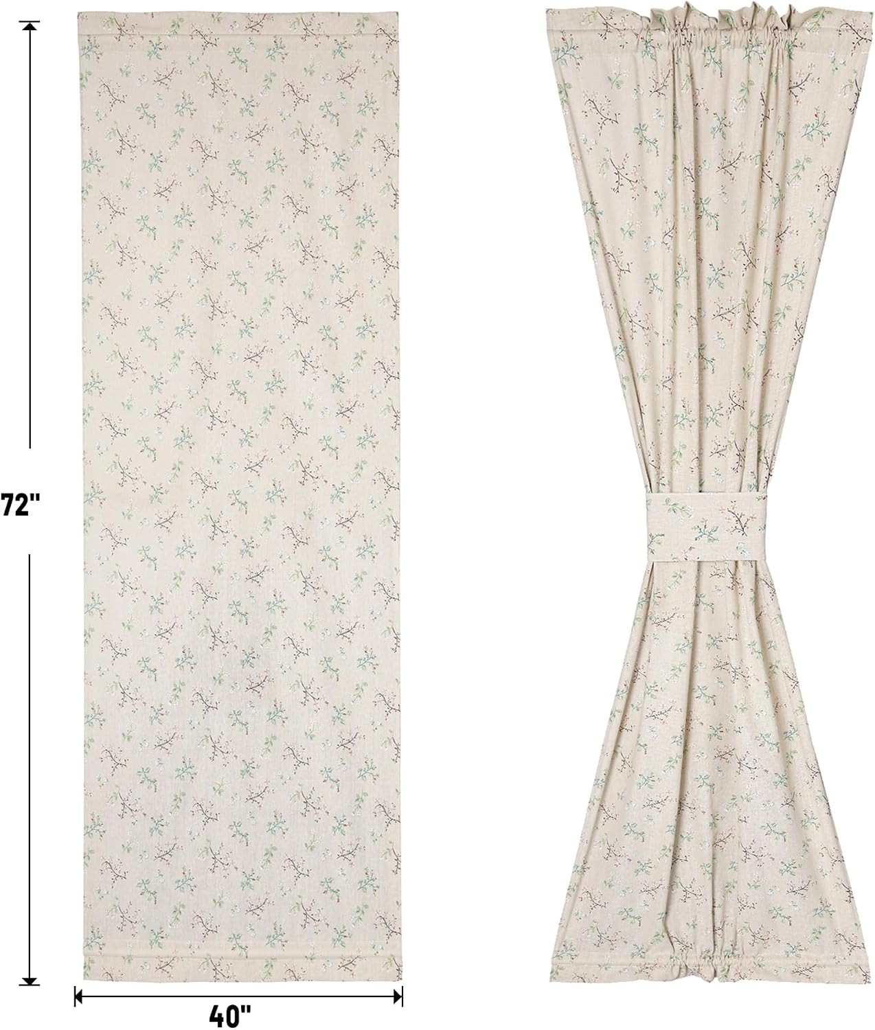 Linen French Door Curtains Set of 2, Elegant Country Style Little Grass and Flow