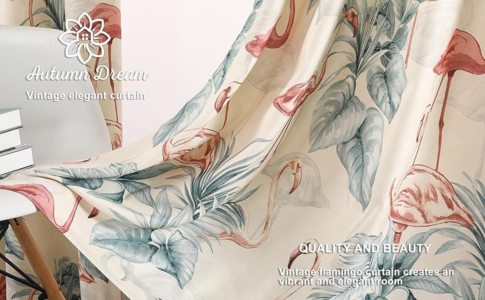 White Blackout Curtains Grommet Microfiber Pastoral Leaves Flamingo Floral
