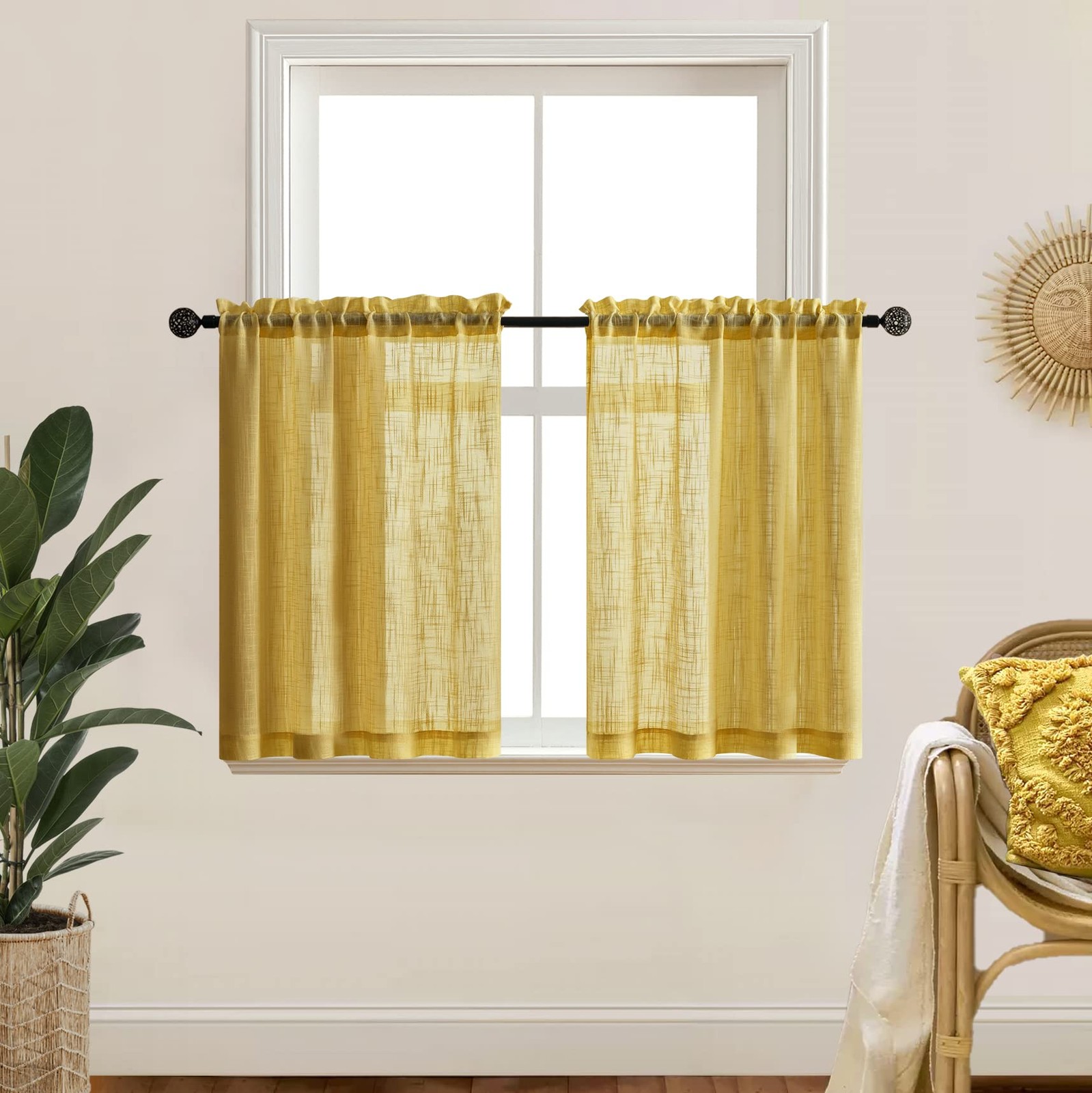 mustard Yellow Kitchen Curtains Retro Vintage 70s Rod Pocket Small Semi Sheer