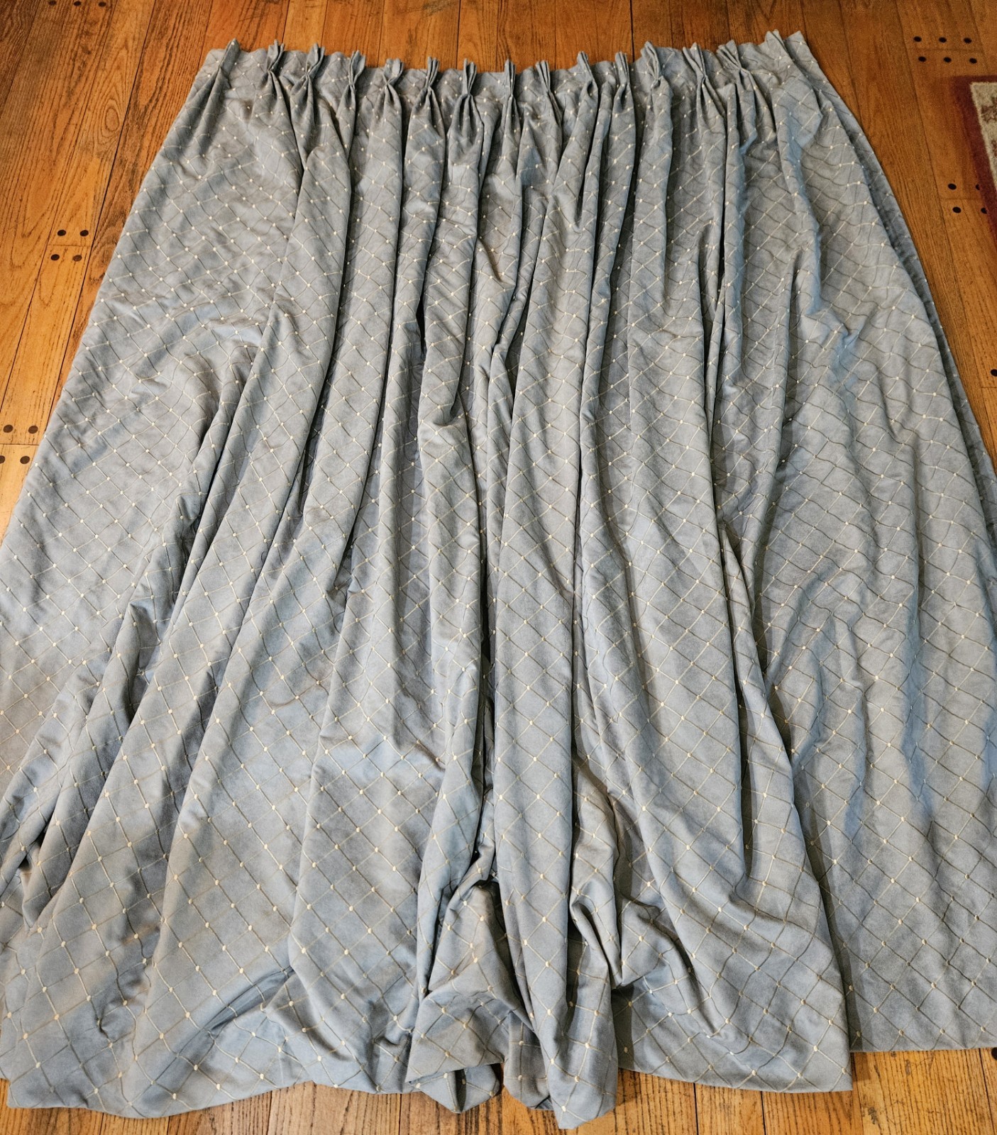 Custom Made Pinch Pleat Blue Embroidered Pattern Lined (2) Curtain Panels 64×93