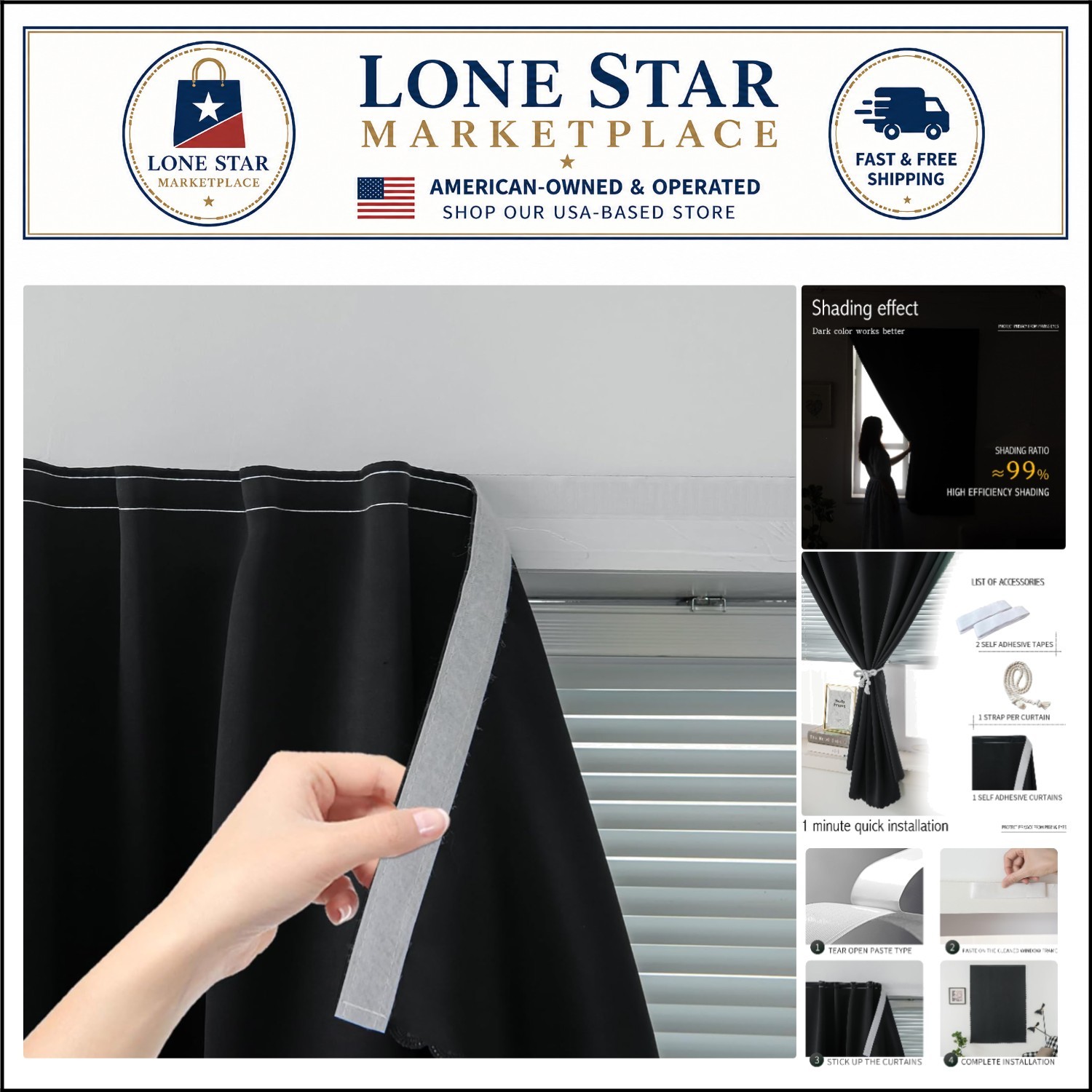 Adhesive Blackout Curtains – No Rod Needed, Easy to Hang – 35”W X 59”L, Black