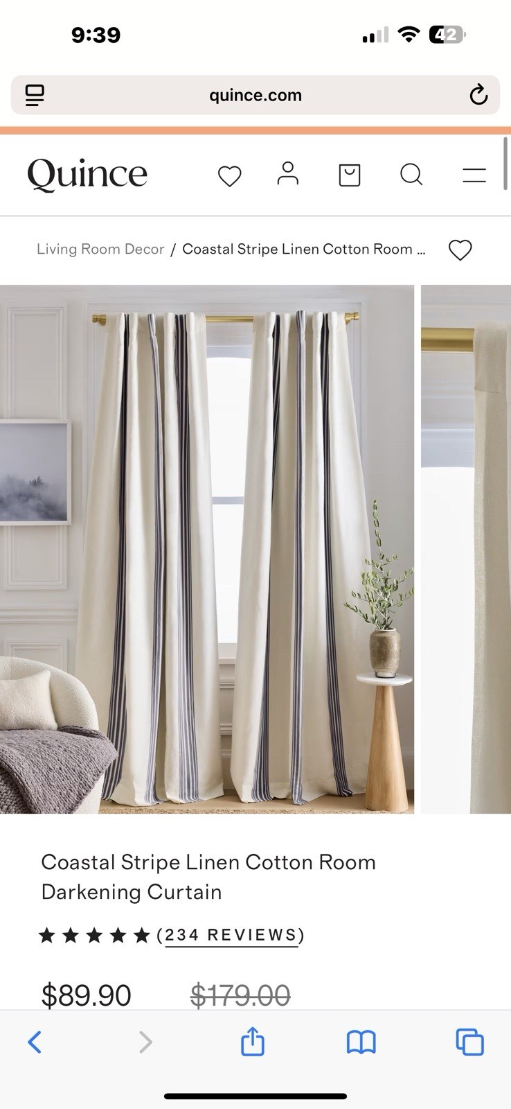 Quince Home Coastal Stripe Linen 48×96 light filter Curtain Ivory/Navy