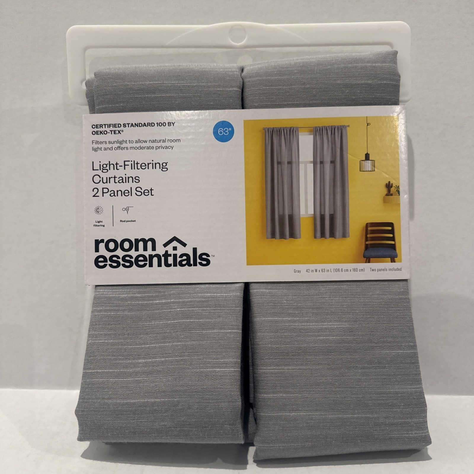 ROOM ESSENTIALS 42×63” Gray 2 Panel light filtering Curtain Rod Pocket New