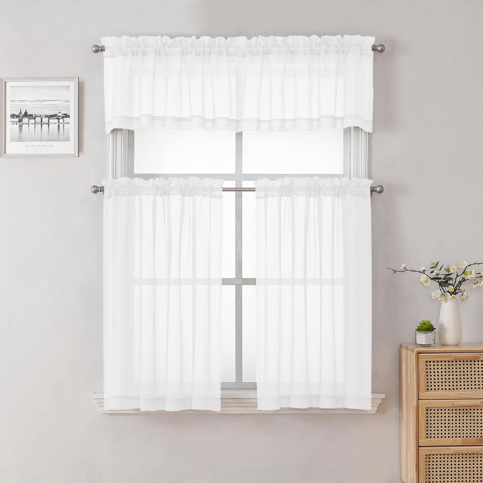 36 Inch Sheer Curtains Tiers 2 PCS with Dual Rod 40″W x 36″L (Pack of 2) White