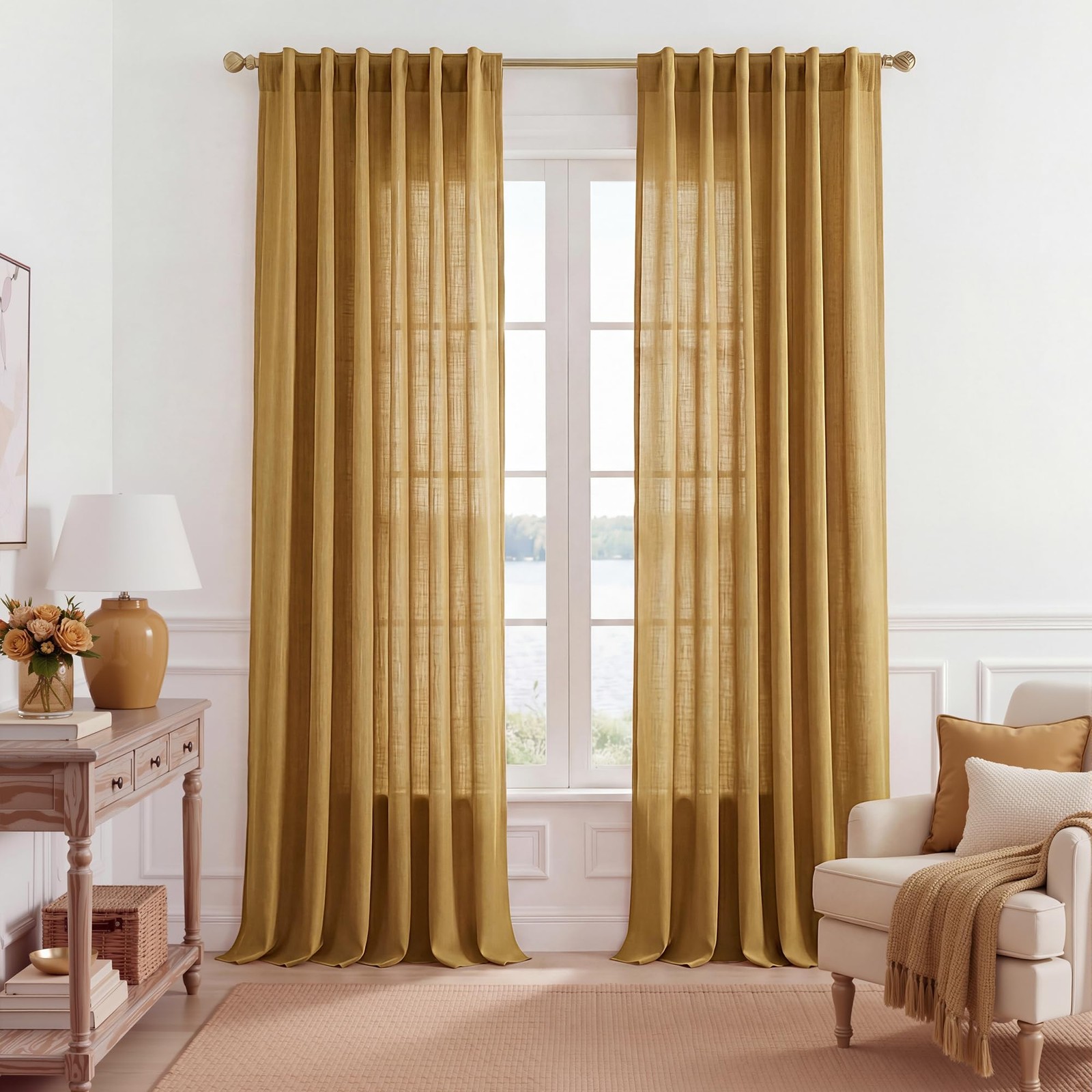 Nicetown Gold Brown Linen Curtains 84 Inch Long 2 Panels Set 55 Wide Thick Flax