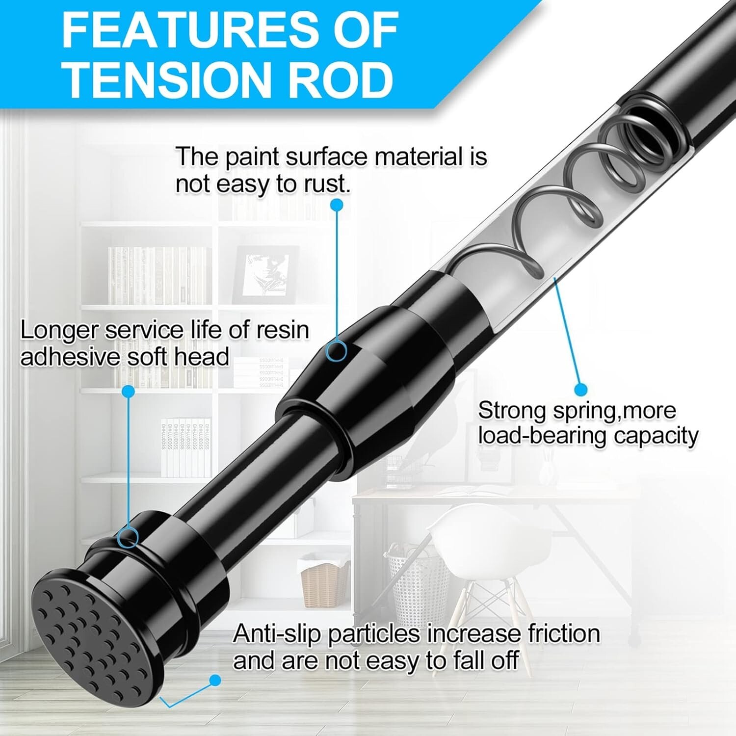 Spring Tension Curtain Rods Black 27-40 Inches 2 Pack Adjustable Heavy Duty