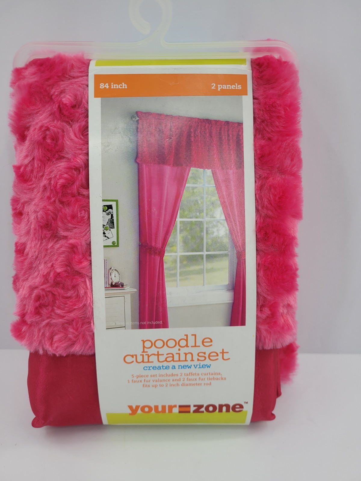 Poodle Curtain Panel 5pcs Set Racy Pink Fuzzy Furry Complete Window Set 53 x 84