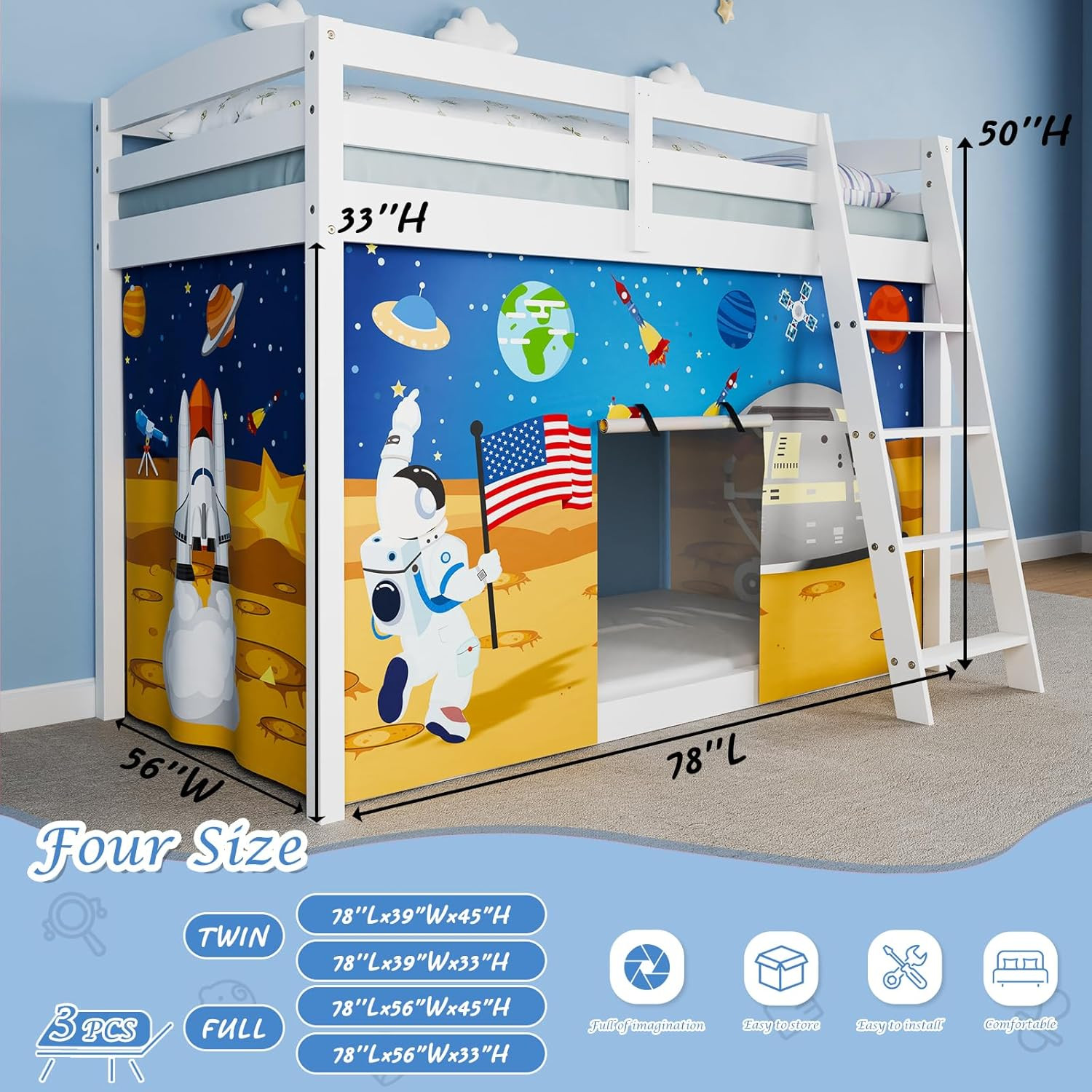 Astronaut Bunk Bed Curtains – 33H Premium and Customizable Cartoon Loft Bed Curt