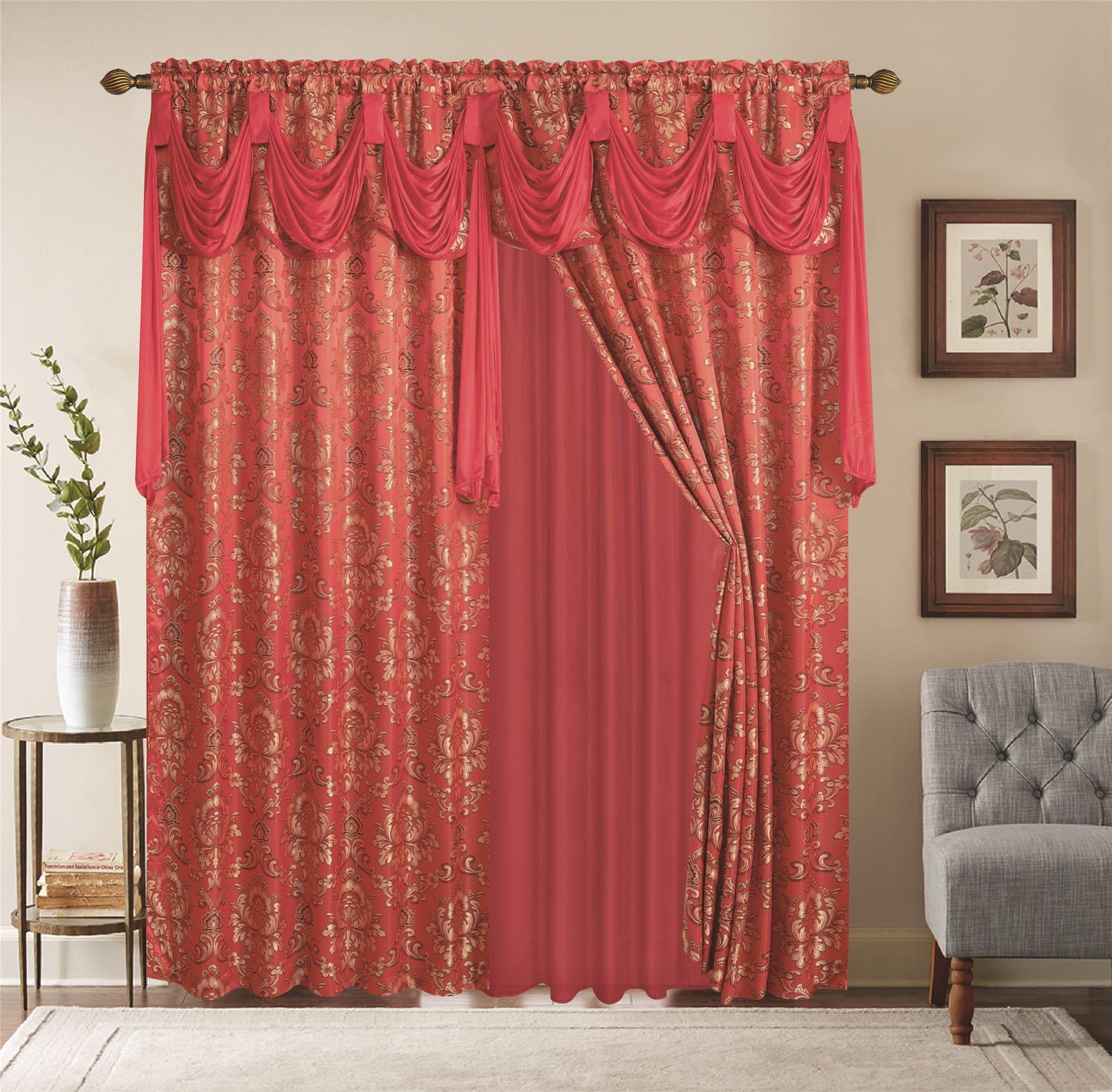 Window Curtains 2 Panel Set Luxury Red Burgundy With Valance and Sheer