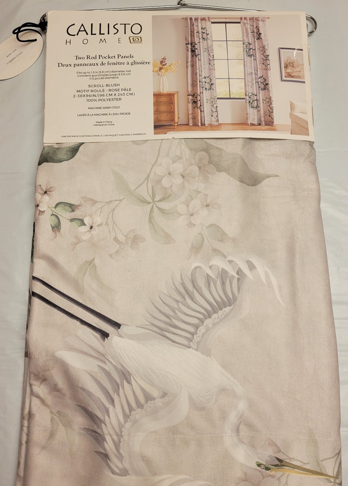 Callisto Home Heron Bird Window Curtains Panels 38 X 96 Pair Drapes Blush Scroll