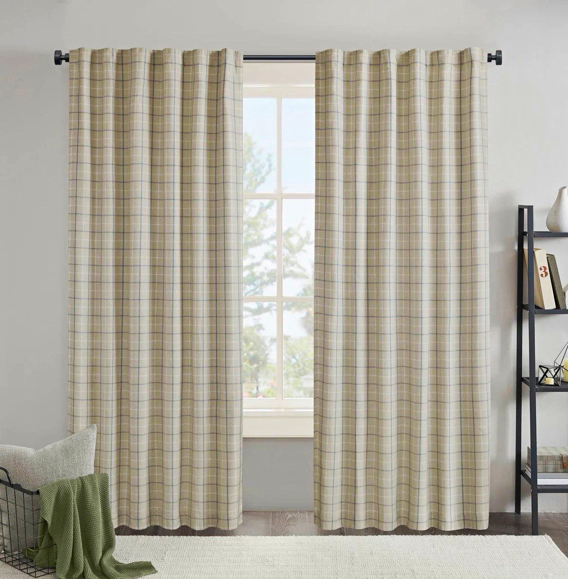 MADISON PARK Plaid Beige And Blue Curtains with Fleece Lining Two Panels 50”x95”