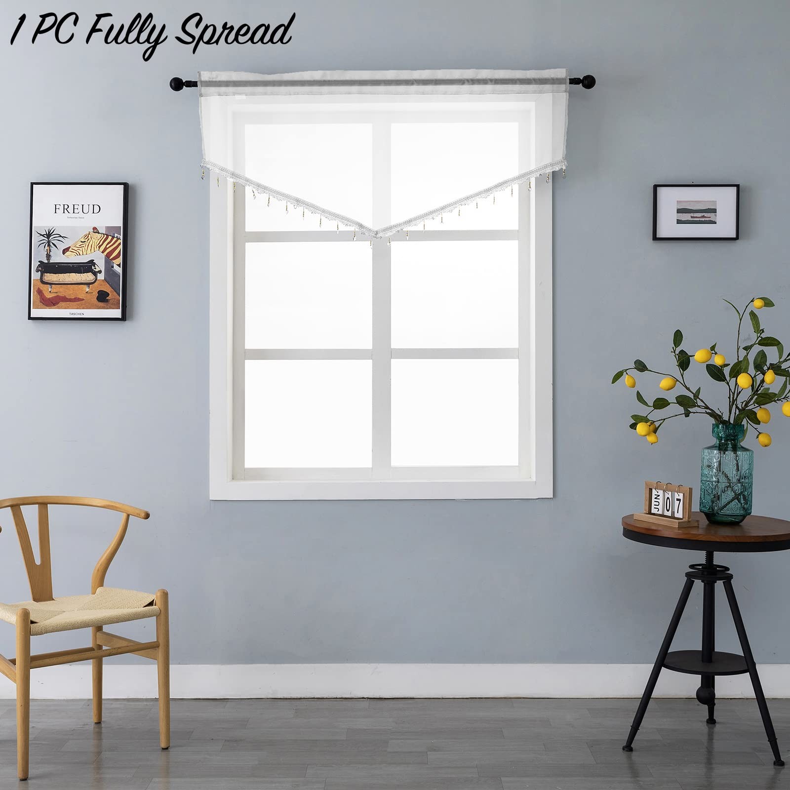 Beaded Triangle Sheer Valance Curtains for Living Room,Rod Pocket Farmhouse W…