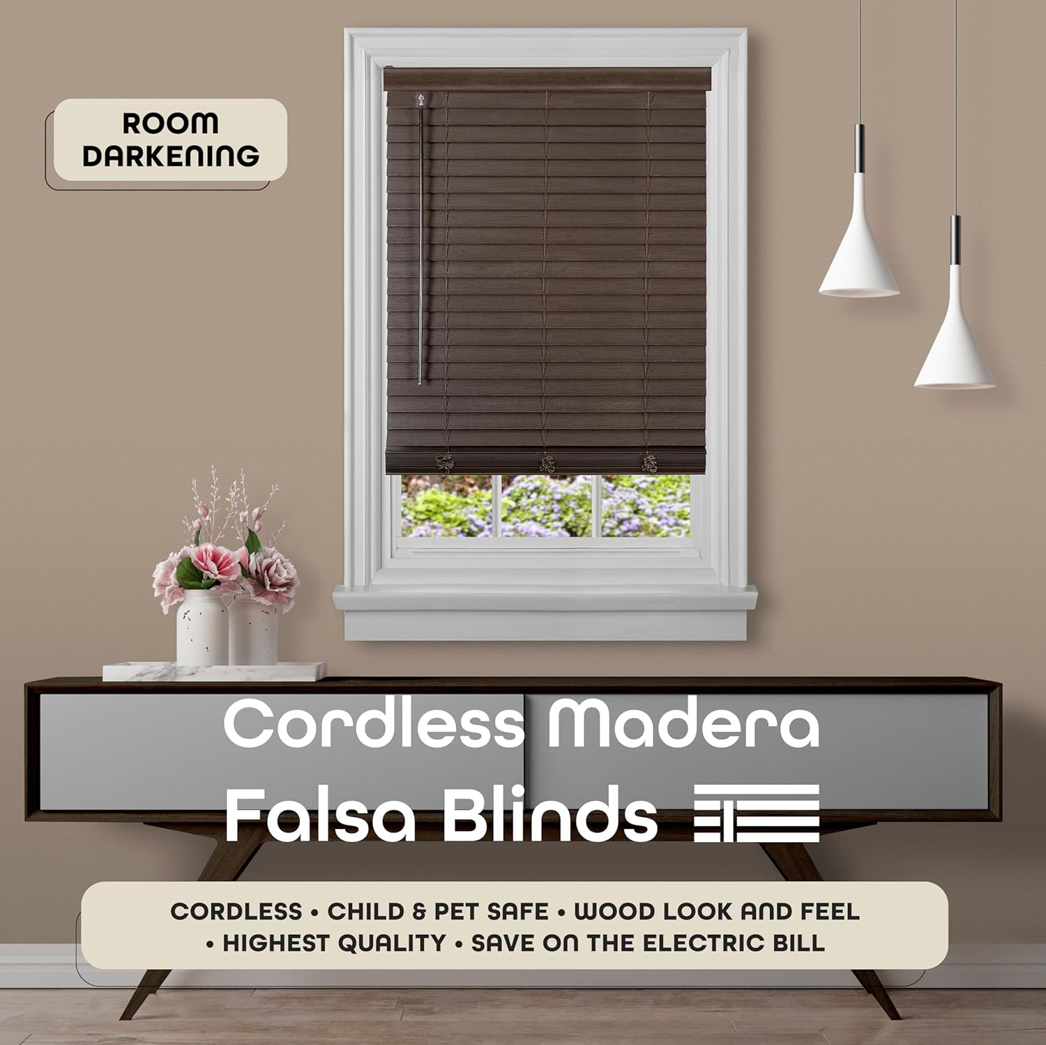 Mahogany Cordless Room Darkening Faux Wood Blinds – 36×52 Inches