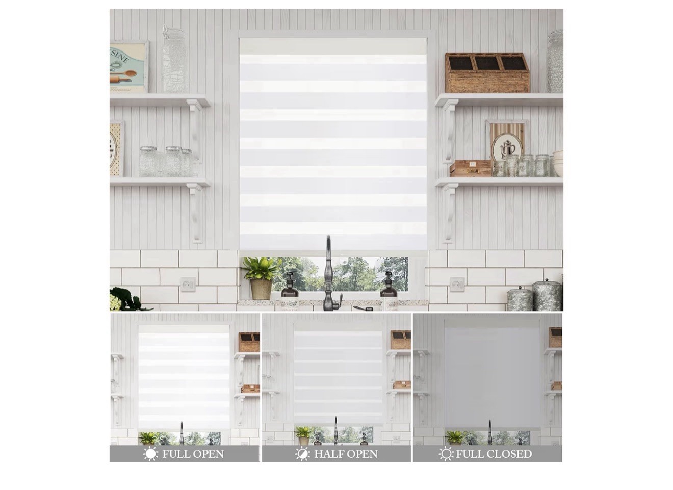 Cordless Window Roller Shades Free-Stop Dual Layer Zebra Blinds-White- 34”W 64”H