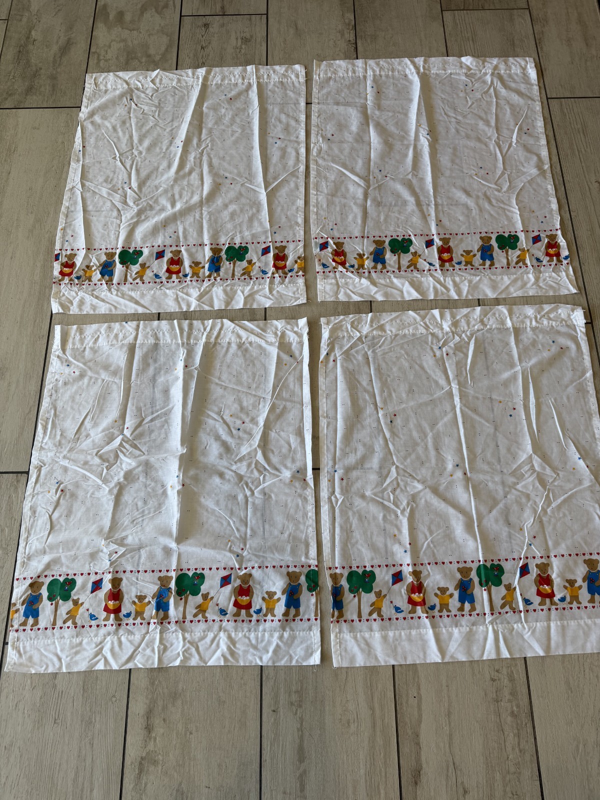 Vintage Teddy Bear Curtains Set Kids Nursery Bears Hearts Kites Trees Cotton