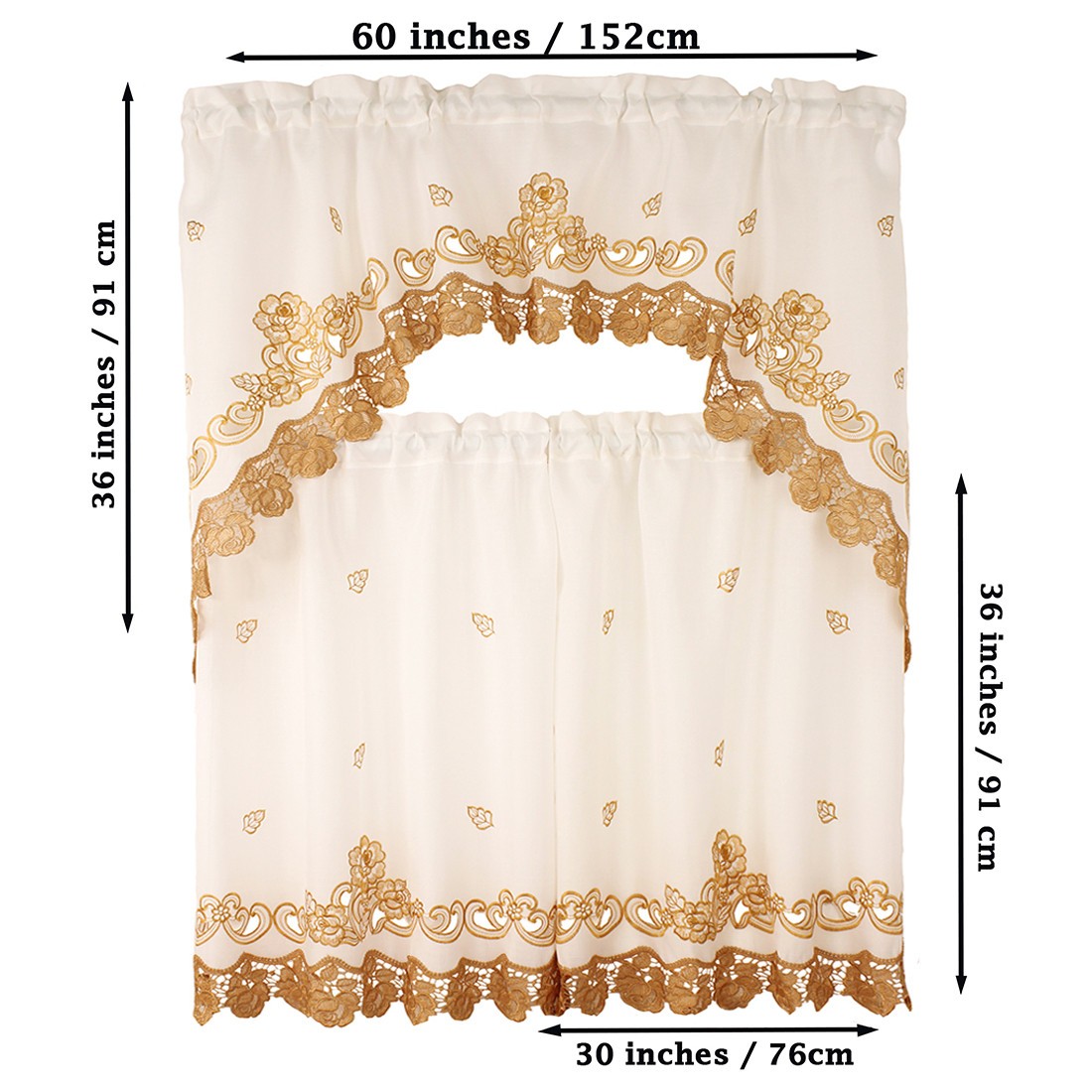 Kathy Embroidery Design Kitchen Curtain with Swag and Tier Set 36″ x 60″ Gold