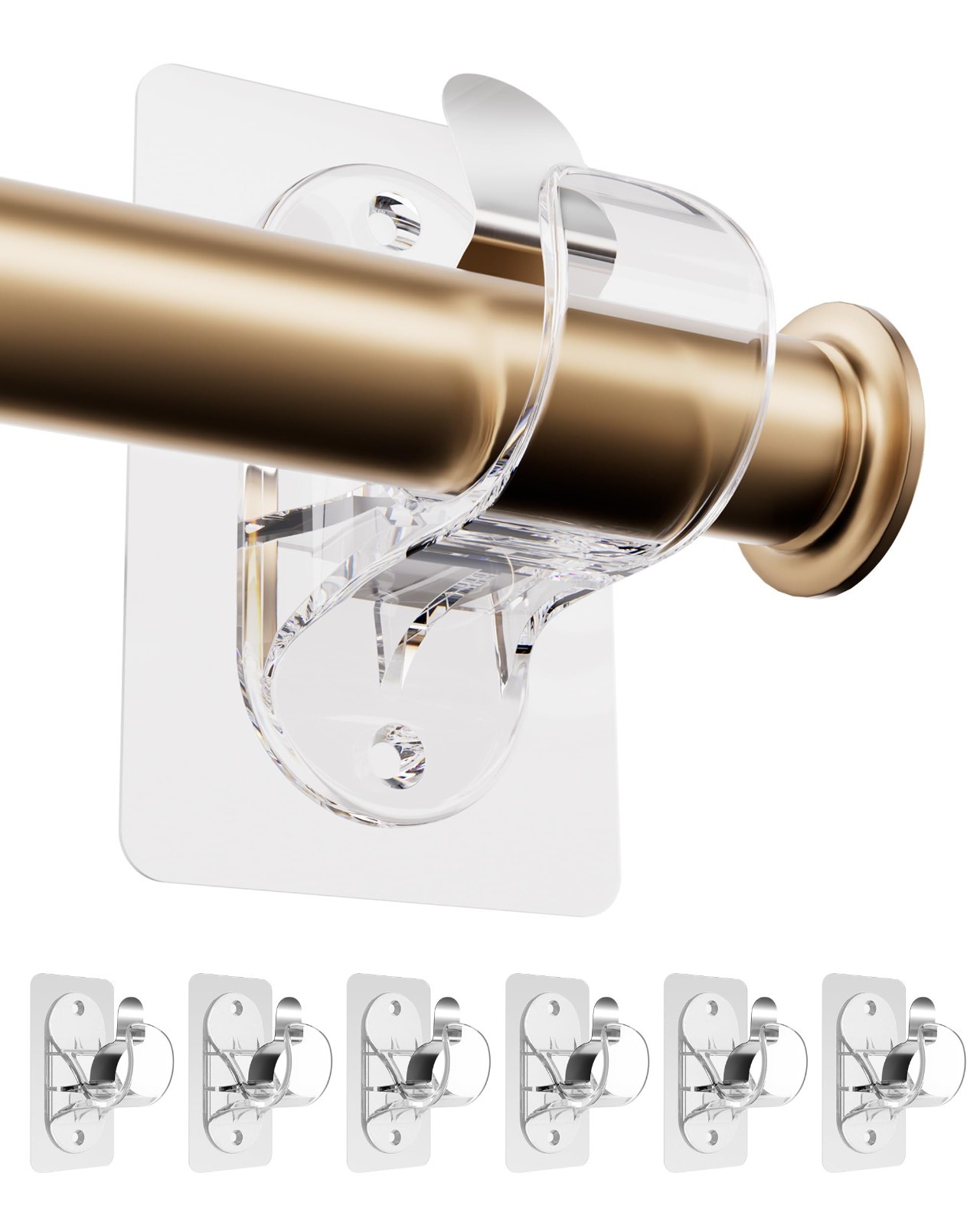 6 Pack No-Drill Curtain Rod Holders, Heavy Duty Brackets for 0.5”-1.2” Rods, R