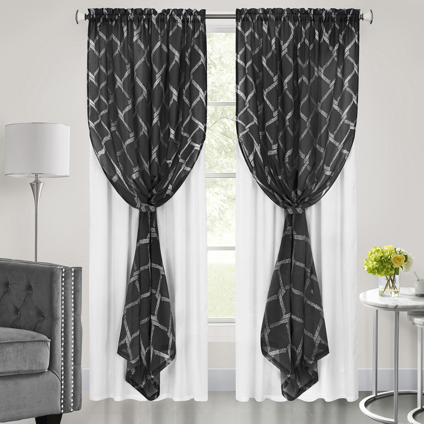Black Window Panels Double Layer Light Filter Modern Moroccan Trellis Curtains