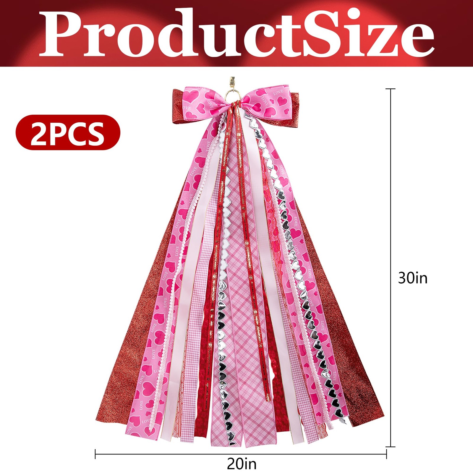 2 Pcs Valentine Assorted Ribbon Bow for Wreath, 30” x 20” Large Pink Clip-O…