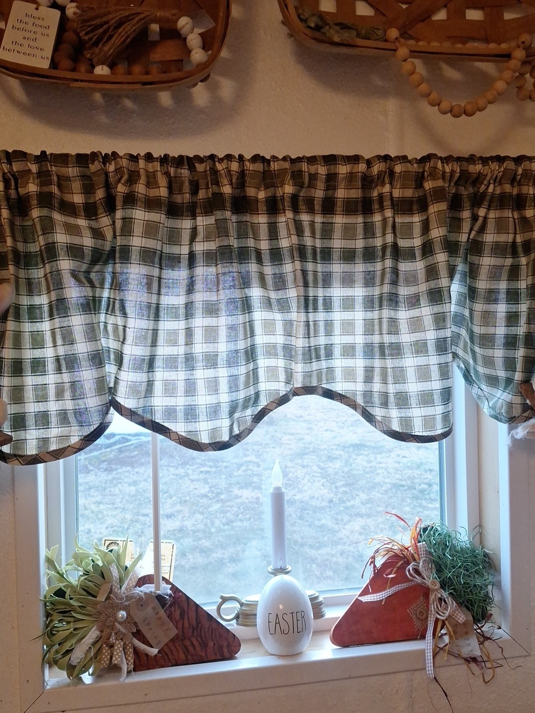 2 Country Style Green Brown Plaid Cotton Blend Scalloped Window Valance