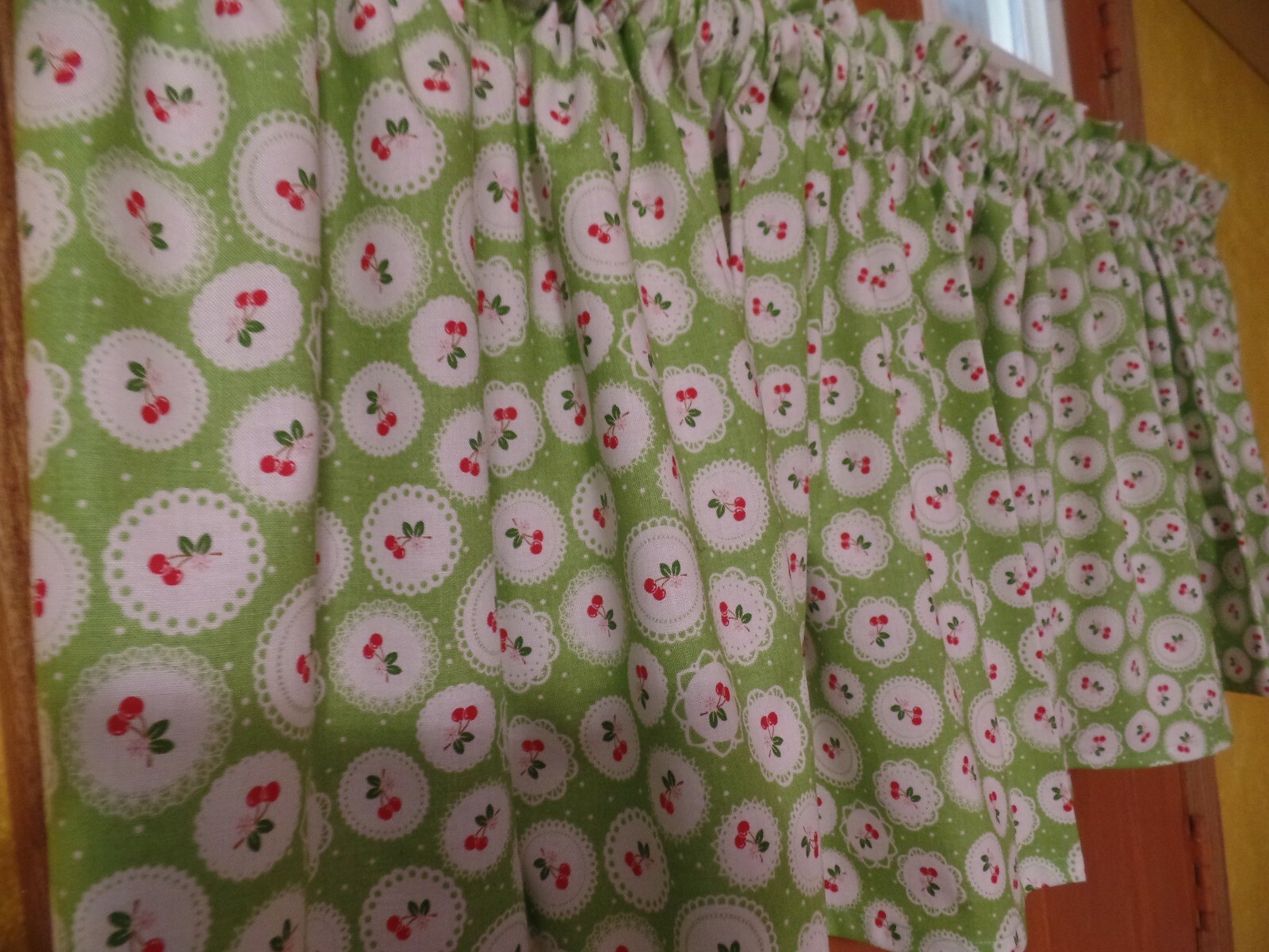 Lime Green, Fancy Edged White Doily, Cherries Handmade Curtain Window VALANCES