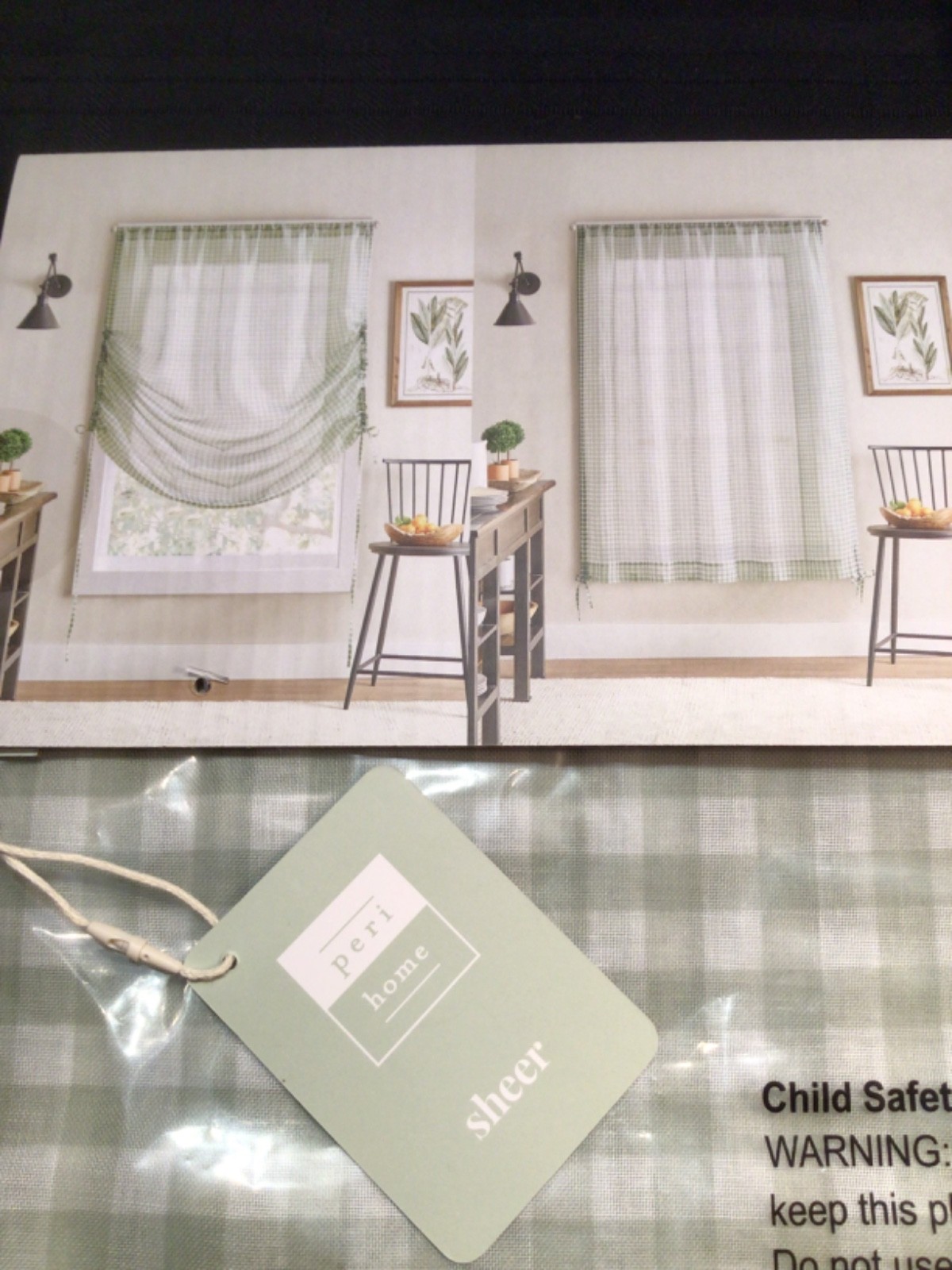 PERI HOME Gingham Sheer Tie Up Balloon Shade Curtain panel 52×63 Lt green/white